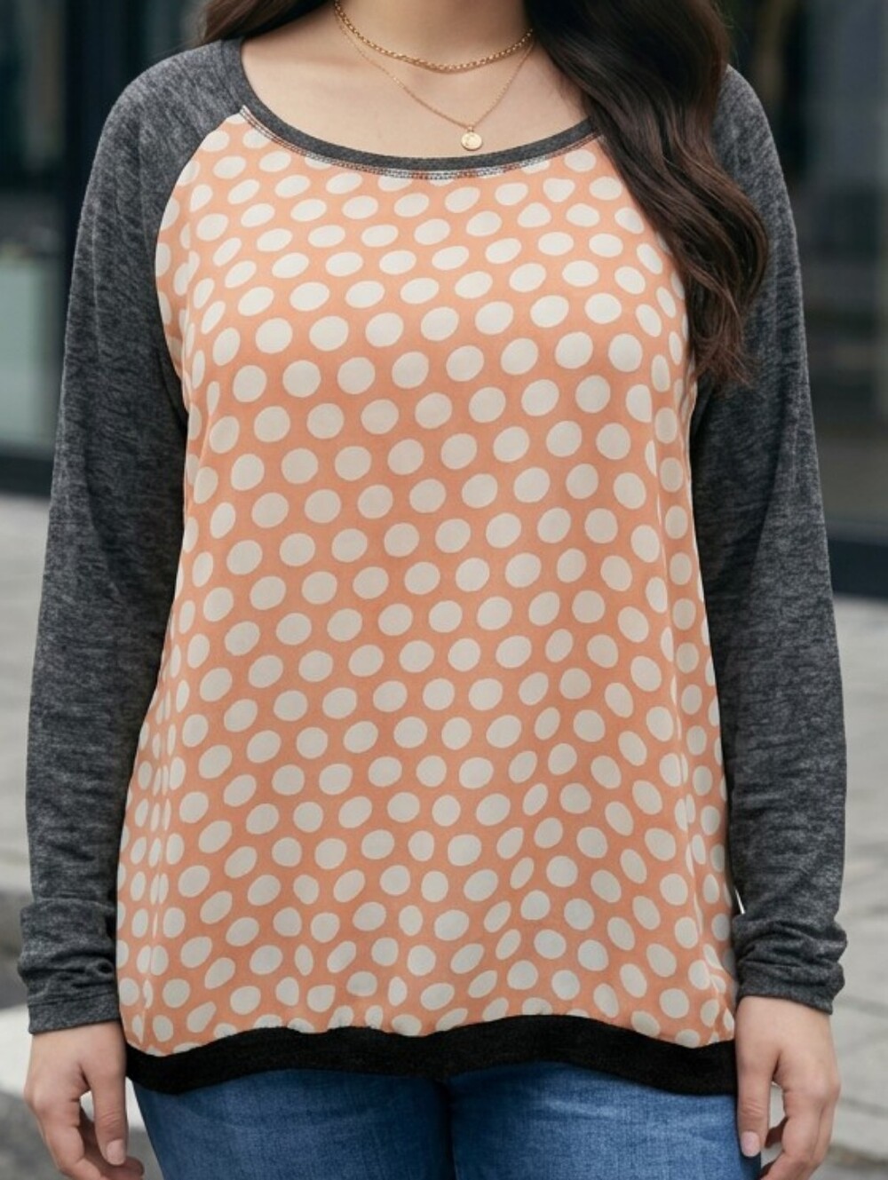 Xhilaration Long Sleeve Semi Sheer Polka Dot Front Round Neck Tee Size XL